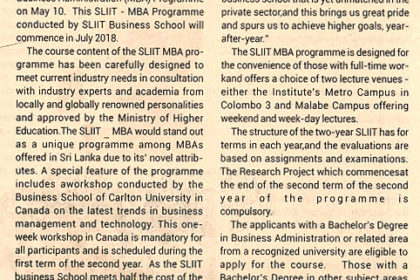 Unique MBA from sliit to launch on 10th May -SLIIT - Ceylon Today (10-04-2018)