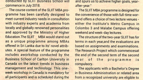 Unique MBA from sliit to launch on 10th May -SLIIT - Ceylon Today (10-04-2018)